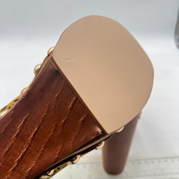 FOWT Khaki Studded Round Toe Floral Cut Out Platform Mules Chunky Heel Sandals - Picture 6 of 8